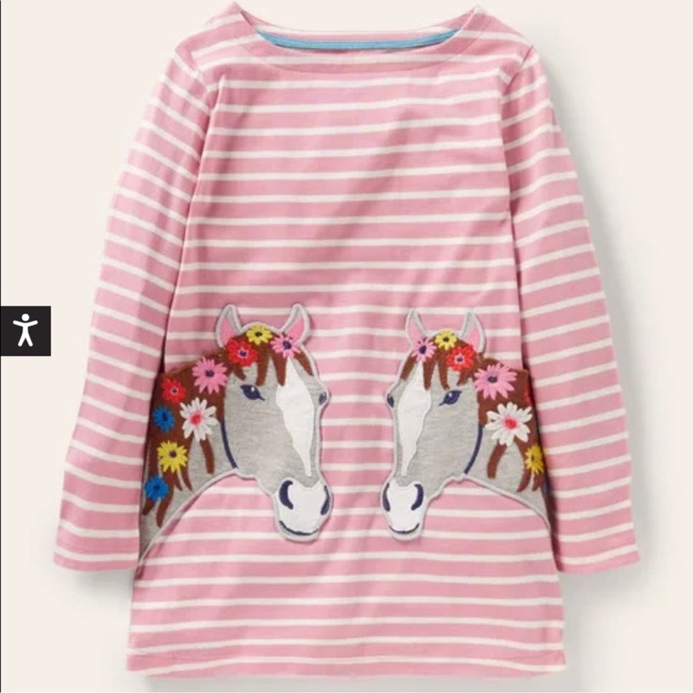 Mini Boden Pink Striped Horse Appliqué Pocket Long Sleeve Tunic